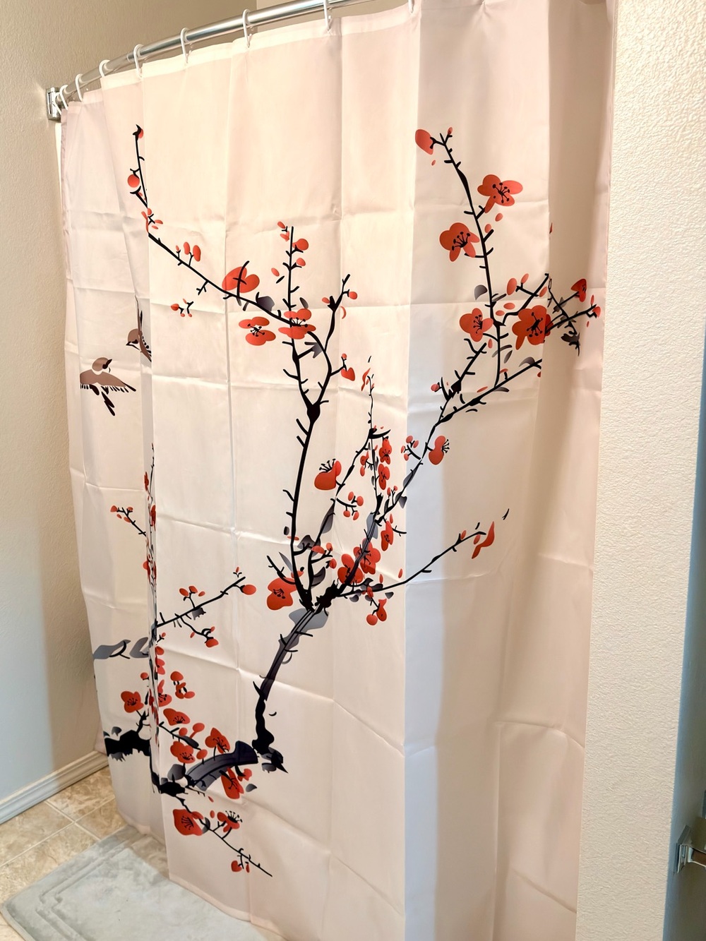 Red Black Bird Blossom Shower Curtain Japenese Inspired